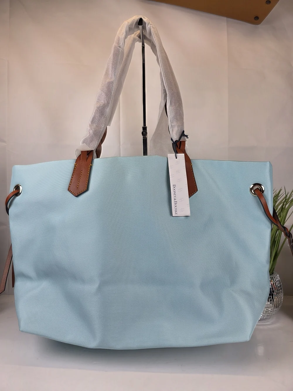 Dooney & Bourke Blue Nylon Shopper Tote Large Bag Brown Braid Leather Handles
